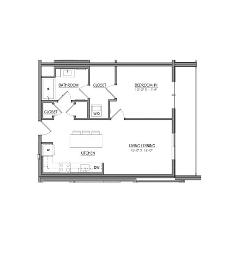 Floor plan for 1 bed, 1 bath, 753 sqft